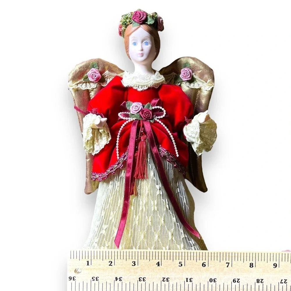 VTG Kurt Adler Angel Tree Topper Large Ornament 1990 Victorian Lace Red Ivory